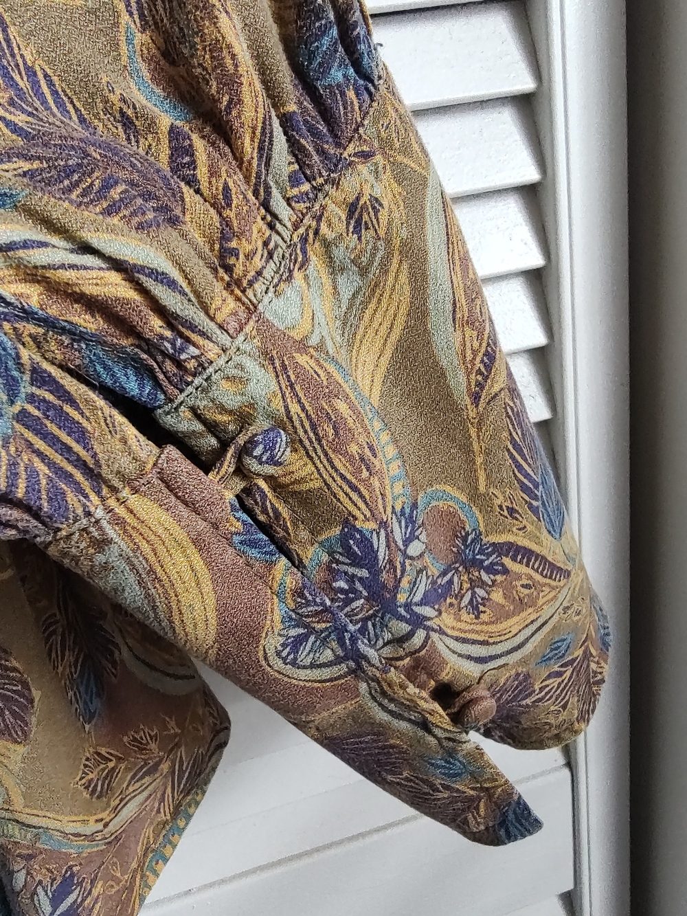 Free People Paisley Boho Button Front Blouse Blue Olive Long Sleeve Top Size LRG - Picture 6 of 9